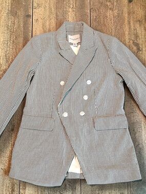 Carolina Belle Navy and White Pinstripe Double-Breasted Blazer